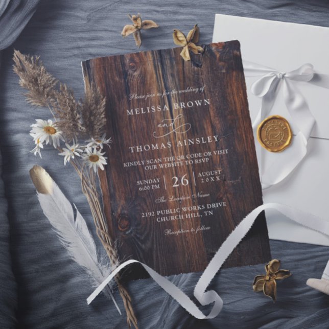 Textured Wood Rustic Country QR Code Wedding Einladung (Von Creator hochgeladen)