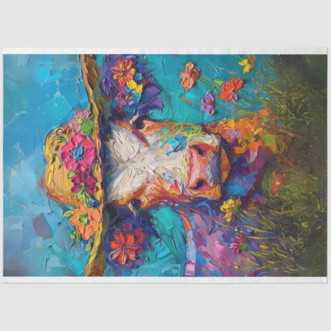 Texturierte floral whimsical Kuh Malerei Dekouapag Seidenpapier (Vorderseite)