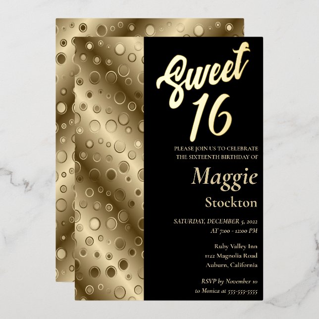 Texturierte Gold Border Sweet 16 Einladung (Vorderseite/Rückseite)