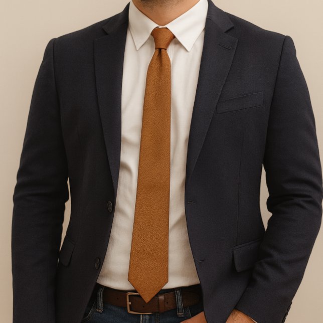 Texturierte Imitate Leather Ginger Neck Tie Krawatte (Business casual ensemble featuring a ginger-toned leather necktie,  with a navy blazer and jeans)