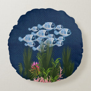 Texturierte Marine, Fisch, Rosa Korallen Rundes Kissen