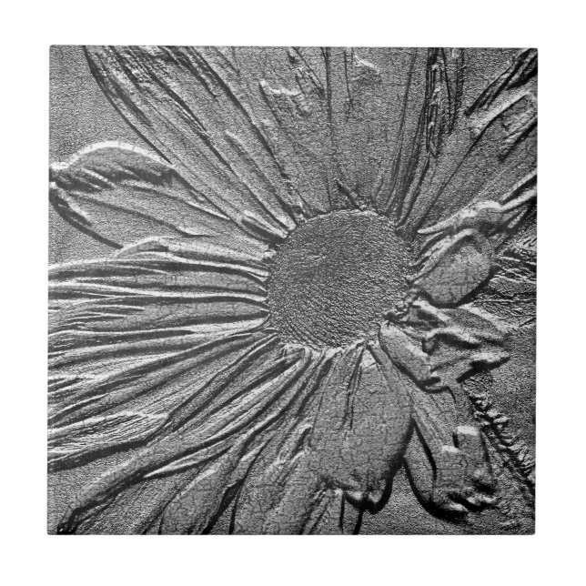 Texturierte Silver Daisy Floral Art Tile Fliese (Vorderseite)