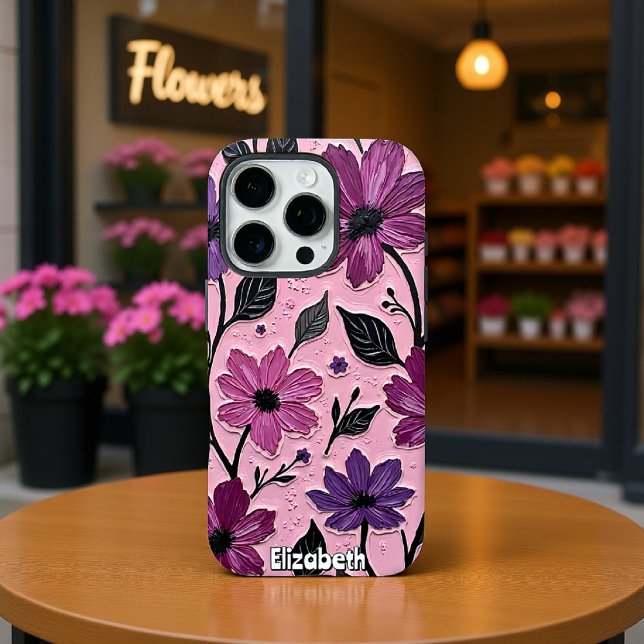Texturierte violette Blumen auf Rosa Case-Mate iPhone Hülle (Von Creator hochgeladen)