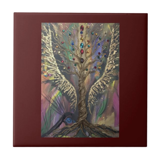 Th Divine Tree Of Life celestial wings and jewels  Fliese (Vorderseite)