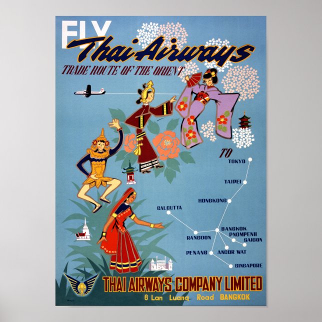 Thai Vintag Air Travel Poster wiederhergestellt (Vorne)