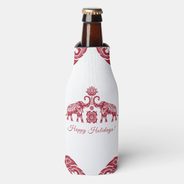 Thailand Elephant Happy Holidays Geschenk Red Whit Flaschenkühler (Flaschenvorderseite)