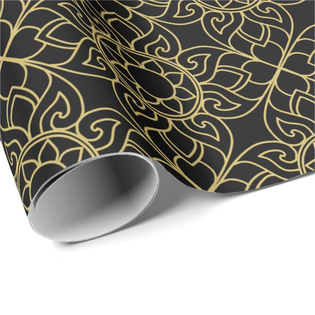 Thailand Motif Gold Black Geschenkpapier (Rolleneckpunkt)