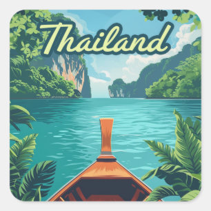 Thailand Tropische Insel Long Tail Boot Vintage  Quadratischer Aufkleber