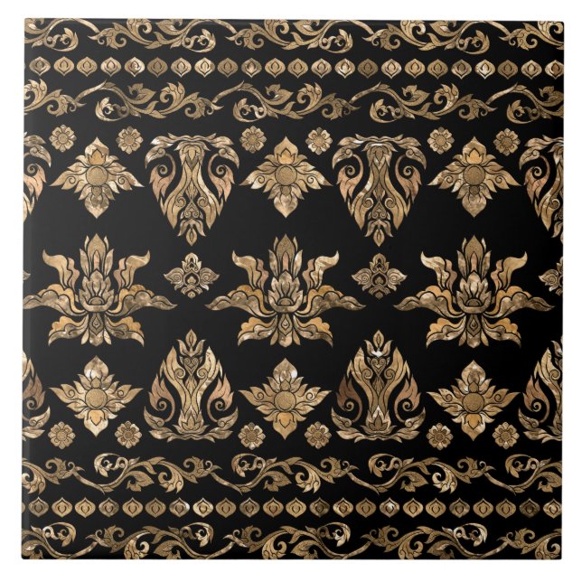 Thailändische Ornamente - Gold und Schwarz Fliese (Vorderseite)