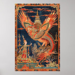 Thailändischer Drache und Phönix Kunst Druck Tradi Poster
