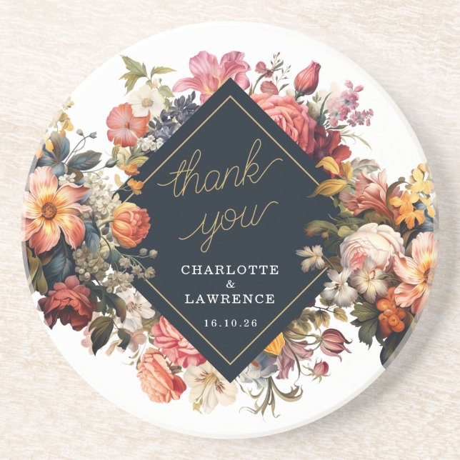 Thak You Wedding Vintag orange Blumendesign Getränkeuntersetzer (Vorne)
