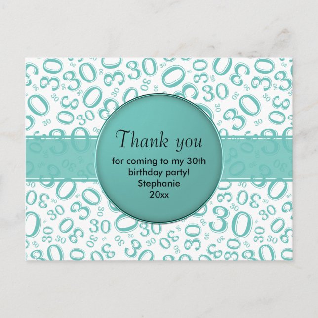 Thank You 30 Random Number Pattern Teal/White Postkarte (Vorderseite)