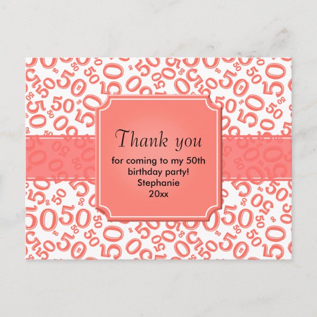 Thank You 50 Random Number Pattern Coral/White Postkarte (Vorderseite)