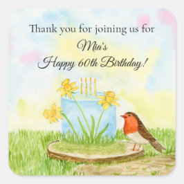 Thank You 60th Birthday Robin with Daffodil Cake Quadratischer Aufkleber