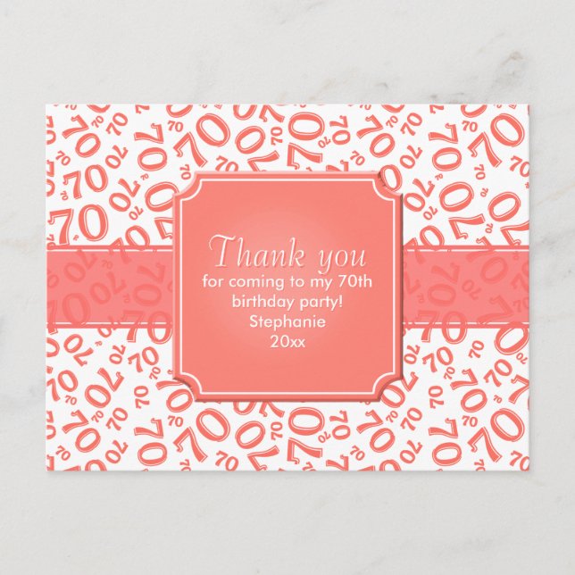 Thank You 70th Birthday Number Pattern Coral/White Postkarte (Vorderseite)