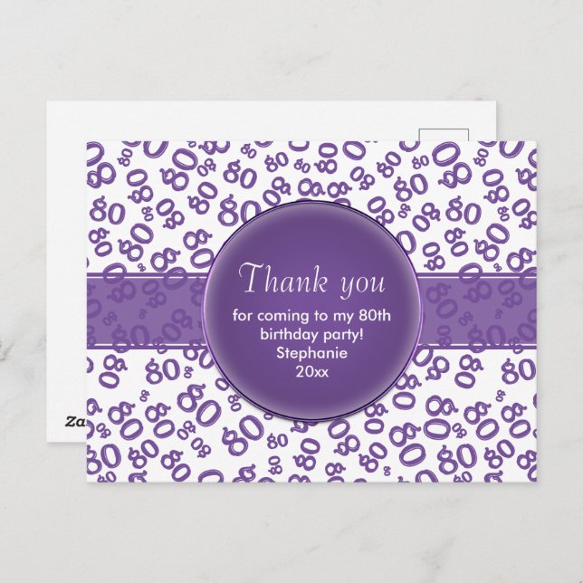 Thank  You 80 Purple/White Birthday Number Pattern Postkarte (Vorne/Hinten)