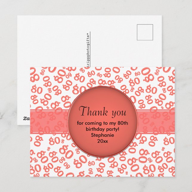 Thank You: 80th Coral/White Number Pattern Postkarte (Vorne/Hinten)