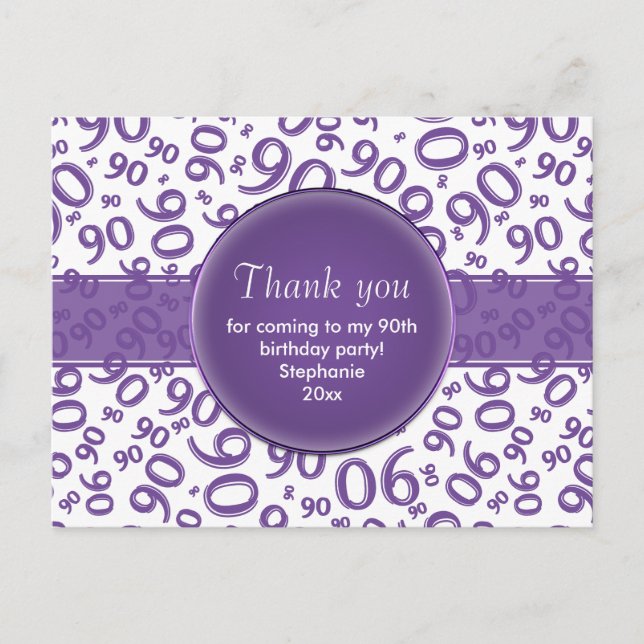 Thank  You 90 Purple/White Birthday Number Pattern Postkarte (Vorderseite)