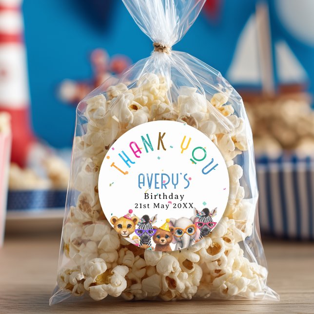 Thank you! Animals Kids Birthday Runder Aufkleber (Thank you! Animals Kids Birthday Classic Round Sticker with your Name and Date)