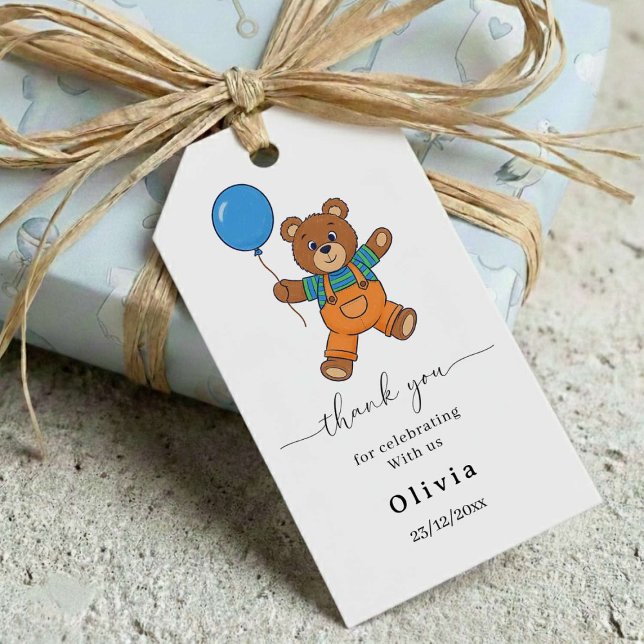 Thank you Baby Shower for Boy Blue Balloon Bear  Geschenkanhänger (Von Creator hochgeladen)