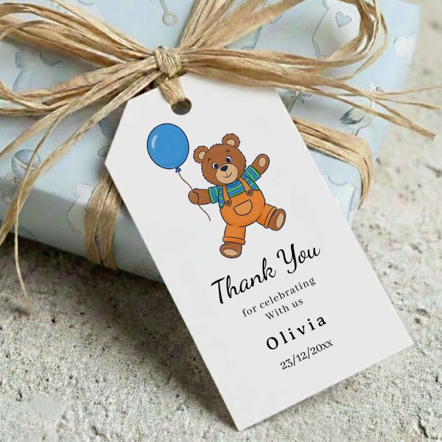 Thank you Baby Shower for Boy Blue Balloon Bear  Geschenkanhänger (Von Creator hochgeladen)