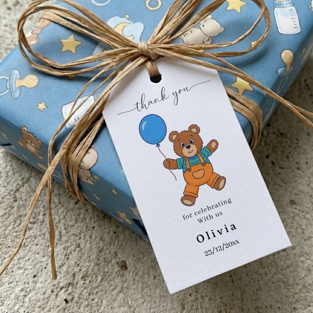 Thank you Baby Shower for Boy Blue Balloon Bear Geschenkanhänger (Von Creator hochgeladen)