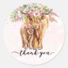 Thank you Baby Shower Highland Cow Pink  Runder Aufkleber
