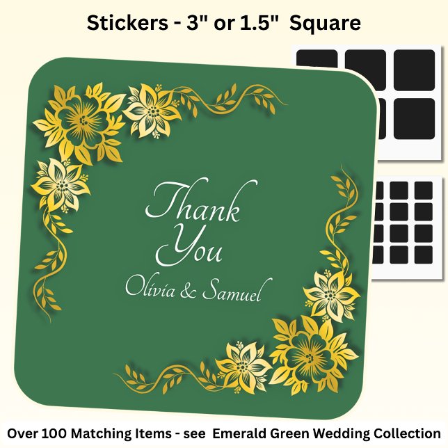 Thank You Bride, Groom Names Emerald Green & Gold Quadratischer Aufkleber (Von Creator hochgeladen)
