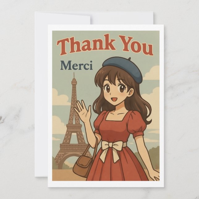 Thank You Card - French Anime Girl in Paris Dankeskarte (Vorderseite)