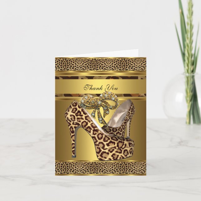 Thank You Card Hi Heel Shoes Leopard Gold Bow Dankeskarte (Vorderseite)