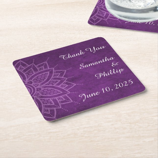 Thank you coaster wedding favor purple rechteckiger pappuntersetzer (angewinkelt)