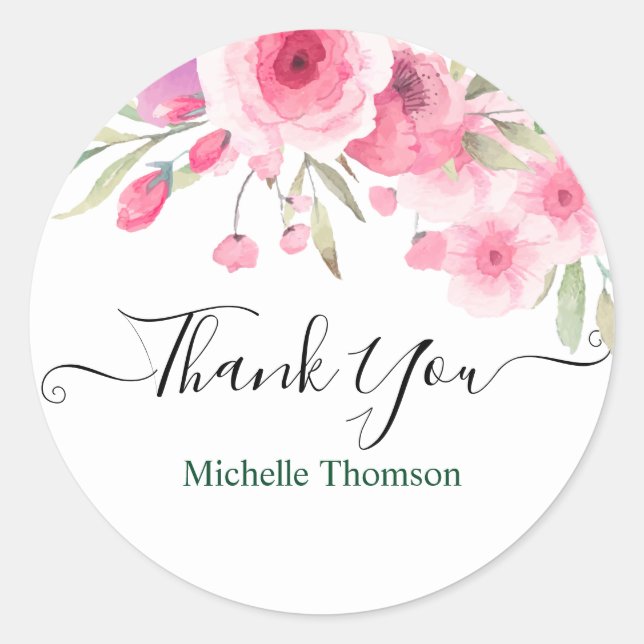 Thank you editable pink floral illustration runder aufkleber (Vorderseite)