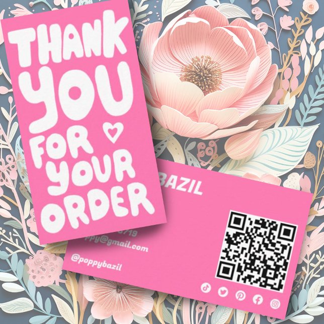 Thank You for Order Social Icons QR Code Pink Visitenkarte (Custom order thank you business card with QR code and social media icons)