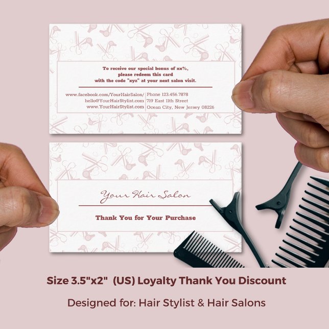 Thank You for Your Purchase Hair Salon White-Pink  Rabattkarte (Thank You for Your Purchase Hair Salon White-Pink Discount Card; Size 3.5x2 Inch)