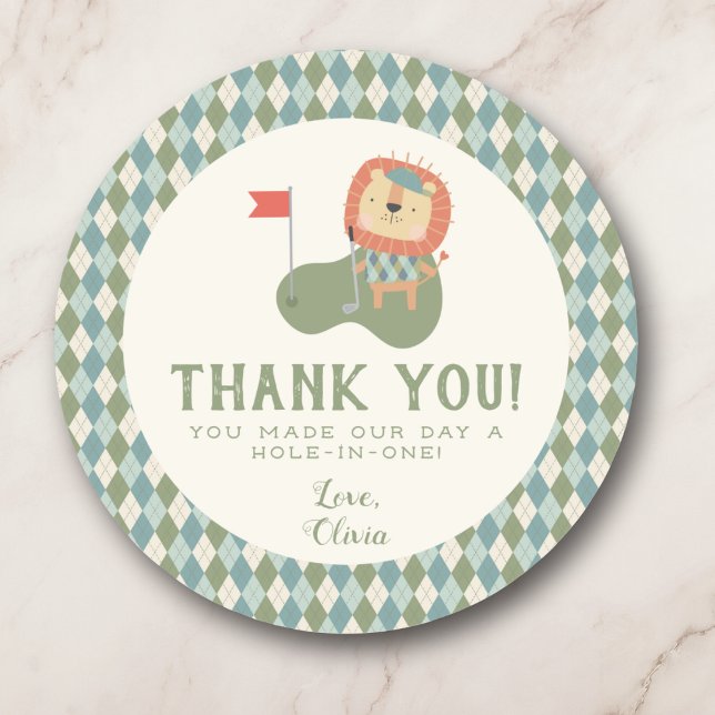 Thank you Golf Baby Shower A Little Putter Preppy Runder Aufkleber (Sweet lion golfer sticker to thank guests in golf style.)