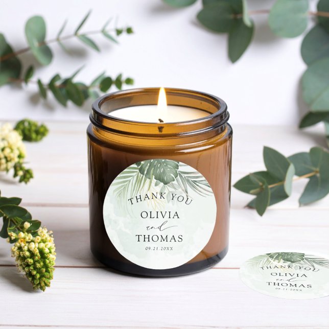 Thank You Green Tropical Wedding Favor Runder Aufkleber (Von Creator hochgeladen)