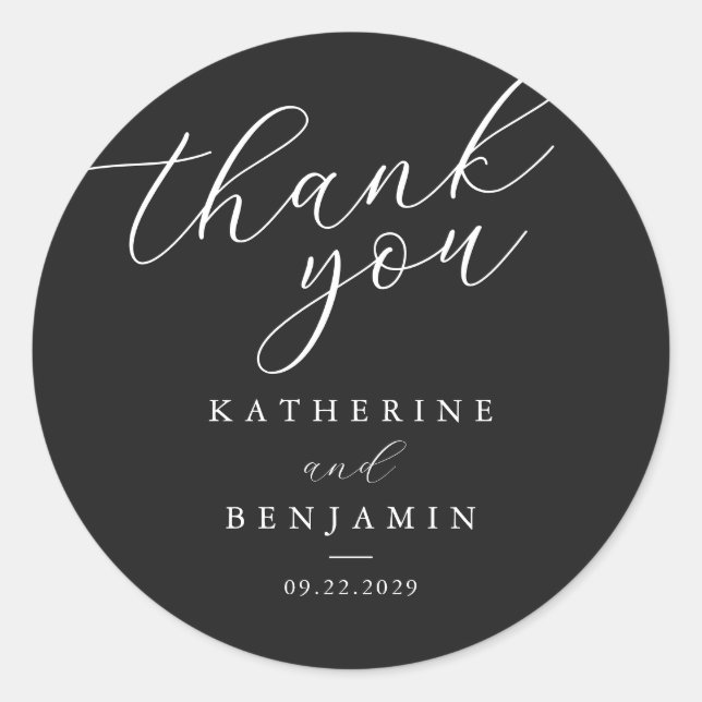 Thank You Matte Black Minimalist Wedding Runder Aufkleber (Vorderseite)