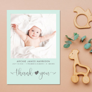 Thank You Photo Heart Arrow Soft Grey Mint Birth Ankündigung