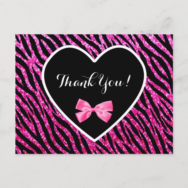 Thank You Pink Black Glam Zebra Falsch Glitz Heart Postkarte (Vorderseite)