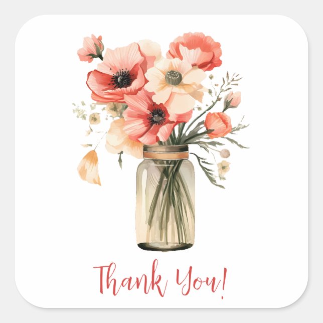 Thank you poppies in a mason jar quadratischer aufkleber (Vorderseite)