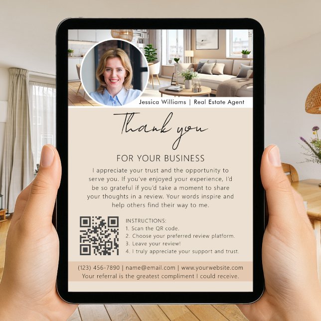 Thank You Review Request with QR Code Photo Beige Karte (Von Creator hochgeladen)