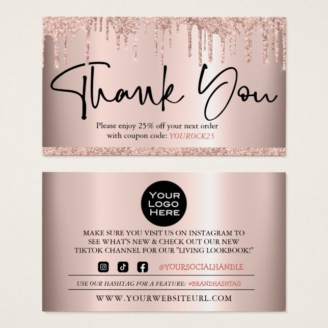 Thank You Scipt Rose Gold Customer Discount Card (Vorne & Hinten)