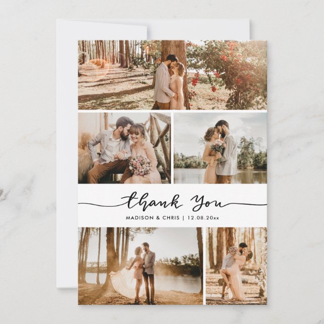 Thank You Script Elegant Wedding Photo Collage Dankeskarte (Vorderseite)