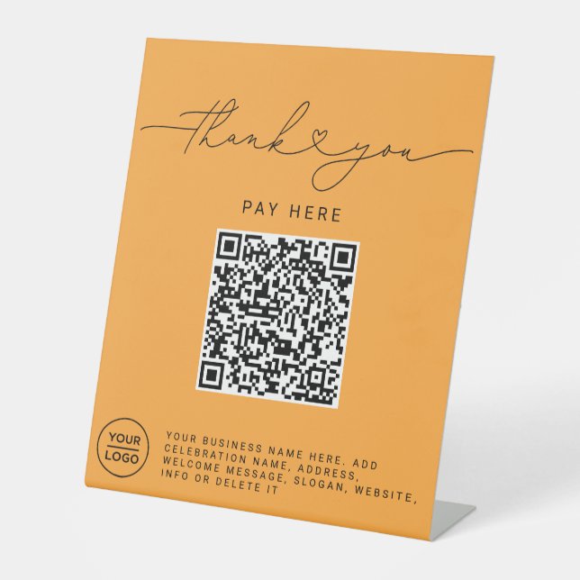 Thank You Script Heart Scan Me QR Code Logo orange Sockelschild (Vorderseite)