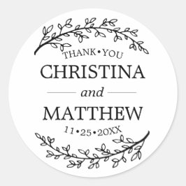 Thank You White Black Laurel Branches Wedding Runder Aufkleber
