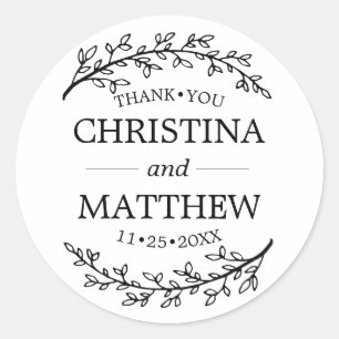 Thank You White Black Laurel Branches Wedding Runder Aufkleber
