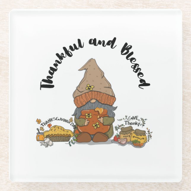 Thankful and Blessed Gnome Glasuntersetzer (Vorderseite)