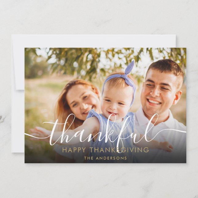Thankful Elegant Script Photo Thanksgiving Feiertagskarte (Vorderseite)