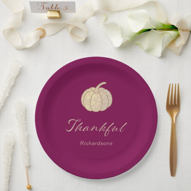 Thankful Glitter Pumpkin burgundy Thanksgiving Pappteller (Hochzeit)
