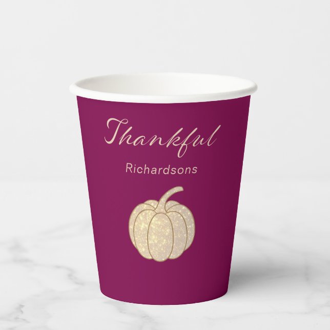 Thankful Glitter Pumpkin Thanksgiving burgundy Pappbecher (Vorderseite)